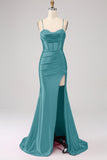 Fantastisk Svart Mermaid Spaghetti Straps Korsett Prom Klänning Med Split Front