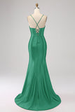 Fantastisk Svart Mermaid Spaghetti Straps Korsett Prom Klänning Med Split Front