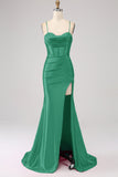 Fantastisk Svart Mermaid Spaghetti Straps Korsett Prom Klänning Med Split Front