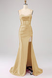 Fantastisk Svart Mermaid Spaghetti Straps Korsett Prom Klänning Med Split Front