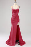 Fantastisk Svart Mermaid Spaghetti Straps Korsett Prom Klänning Med Split Front