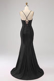 Fantastisk Svart Mermaid Spaghetti Straps Korsett Prom Klänning Med Split Front