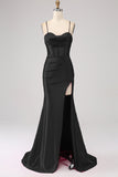 Fantastisk Svart Mermaid Spaghetti Straps Korsett Prom Klänning Med Split Front