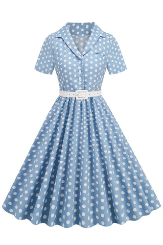 Blå Hepburn Stil V-Hals Prickiga 1950-tals Klänning
