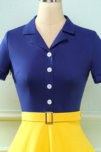 Lapel Neck 1950-talet Swing Dress med knapp