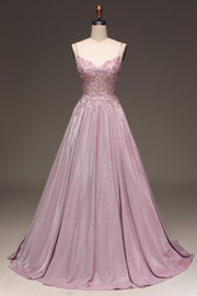 Glitter Spaghetti Straps Blush Prom Klänning med Beading