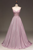 Glitter Spaghetti Straps Blush Prom Klänning med Beading