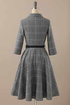 Retro Style Mörkgrå Vintage klänning med långa ärmar