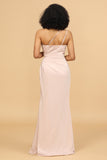 Blush Satin Mermaid Enaxlad Long Brudtärneklänning Med Slits