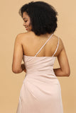Blush Satin Mermaid Enaxlad Long Brudtärneklänning Med Slits