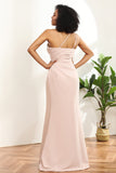Blush Satin Mermaid Enaxlad Long Brudtärneklänning Med Slits
