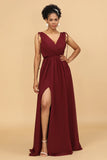 Bourgogne V-Neck Lace Up Bridesmaid Dress med slits