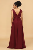 Bourgogne V-Neck Lace Up Bridesmaid Dress med slits