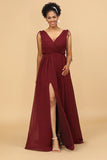 Bourgogne V-Neck Lace Up Bridesmaid Dress med slits