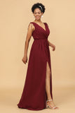 Bourgogne V-Neck Lace Up Bridesmaid Dress med slits