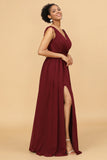 Bourgogne V-Neck Lace Up Bridesmaid Dress med slits