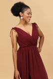 Bourgogne V-Neck Lace Up Bridesmaid Dress med slits