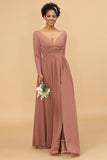 Blush V-Neck Long Sleeves Bridesmaid Klänning