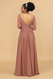 Blush V-Neck Long Sleeves Bridesmaid Klänning