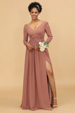 Blush V-Neck Long Sleeves Bridesmaid Klänning