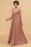 Blush V-Neck Long Sleeves Bridesmaid Klänning