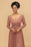 Blush V-Neck Long Sleeves Bridesmaid Klänning