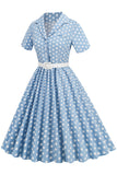 Blå Hepburn Stil V-Hals Prickiga 1950-tals Klänning