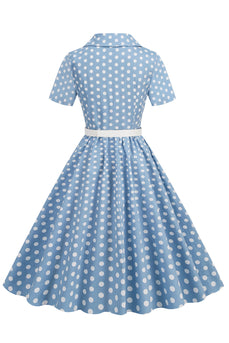 Blå Hepburn Stil V-Hals Prickiga 1950-tals Klänning