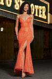 Glittrande Orange Mermaid Spaghetti Straps Paljetter Balklänning Med Slits