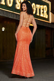 Glittrande Orange Mermaid Spaghetti Straps Paljetter Balklänning Med Slits