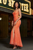 Glittrande Orange Mermaid Spaghetti Straps Paljetter Balklänning Med Slits