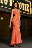 Glittrande Orange Mermaid Spaghetti Straps Paljetter Balklänning Med Slits