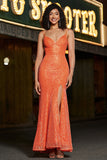 Glittrande Orange Mermaid Spaghetti Straps Paljetter Balklänning Med Slits
