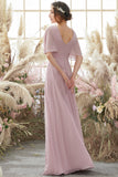 Blush Batwing Ärmar Chiffon Brudtärna Klänning