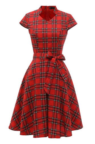 Röd Rutig Vintage Plus Size Klänning med Rosett