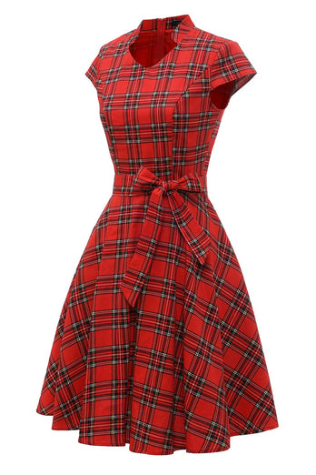 Röd Rutig Vintage Plus Size Klänning med Rosett