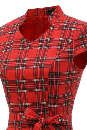 Röd Rutig Vintage Plus Size Klänning med Rosett