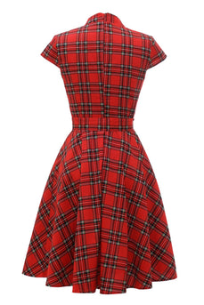 Röd Rutig Vintage Plus Size Klänning med Rosett