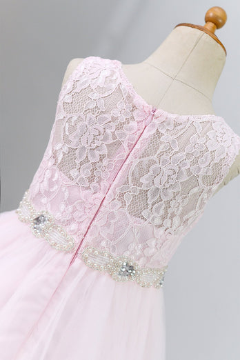 Spets rosa blomma flicka klänning med pärlstav