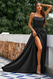 A-linje Spaghetti Straps Backless Lång Satin Balklänning med slits