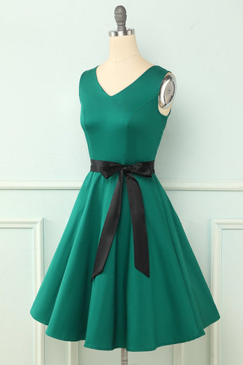 Grön V-ringning Vintage Klänning med ärmar