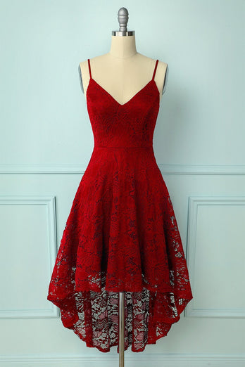 Vinröd hög låg spets Plus size klänning