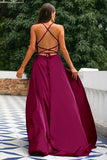 A-linje Spaghetti Straps Backless Lång Satin Balklänning med slits