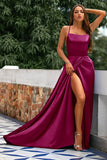 A-linje Spaghetti Straps Backless Lång Satin Balklänning med slits