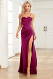 Mörkgrön sjöjungfru Spaghetti Straps Satin Prom Klänning med Split Front