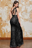 Glitter Svart Sjöjungfru One Shoulder Paljetter Balklänning med slits