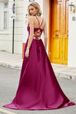 Fuchsia A Line Spaghetti Straps Lång Balklänning med applikationer
