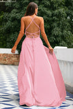 A-linje Spaghetti Straps Backless Lång Satin Balklänning med slits