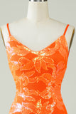 Orange Glitter Tight Homecoming Klänning med rygglös