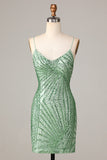 Club Chic Sheath Spaghetti Straps Gröna paljetter Kort Homecoming Klänning med Criss Cross Back